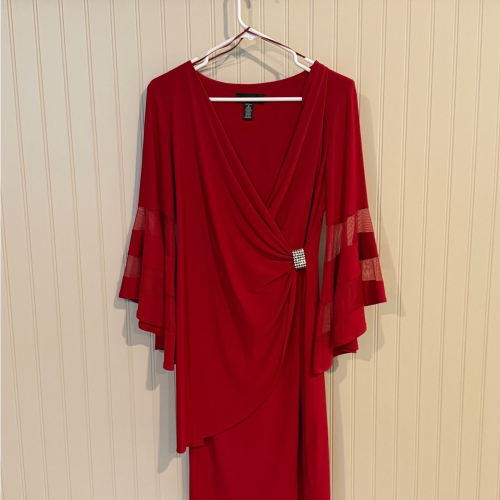 R&M Richards Red Asymmetrical Dress with Bell Sleeves